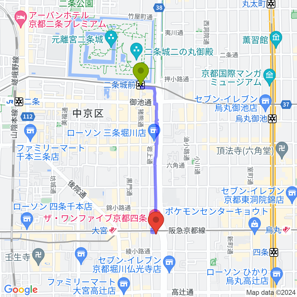 二条城前駅から京都ルータールーターへのルートマップ地図