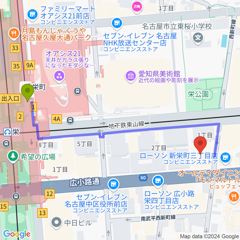 名古屋音楽学校 貸し練習室の最寄駅栄町駅からの徒歩ルート（約6分）地図