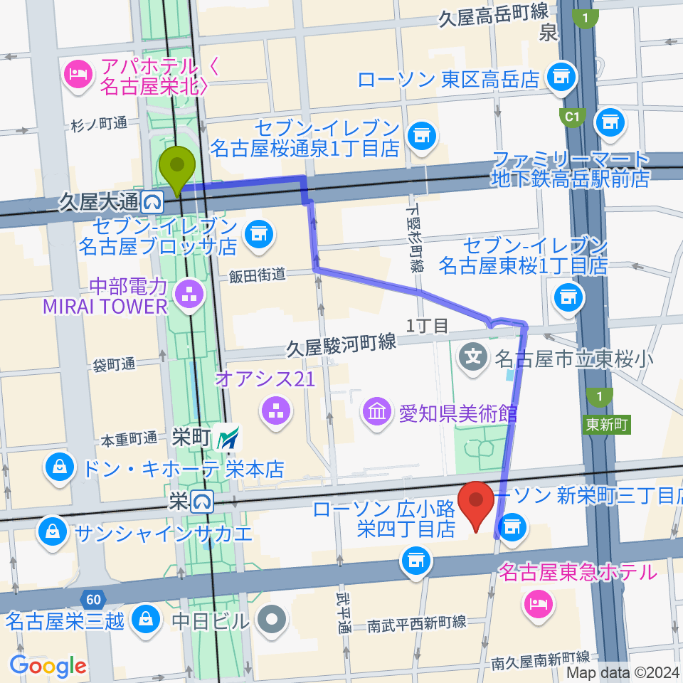 久屋大通駅から名古屋音楽学校 貸し練習室へのルートマップ地図