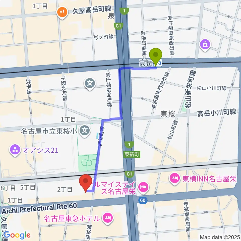 高岳駅から名古屋音楽学校 貸し練習室へのルートマップ地図