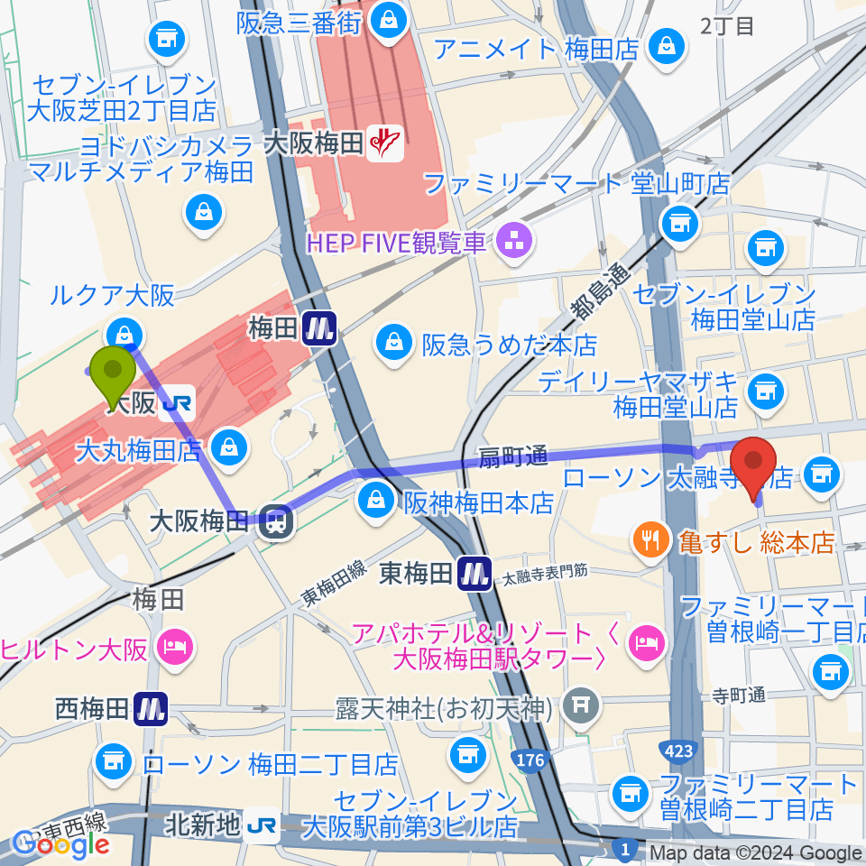 大阪駅から東梅田B-flatへのルートマップ地図