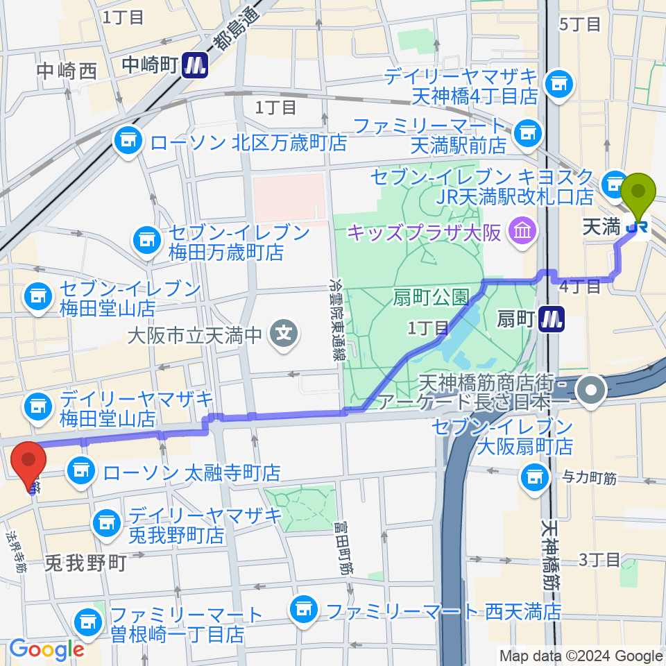 天満駅から東梅田B-flatへのルートマップ地図