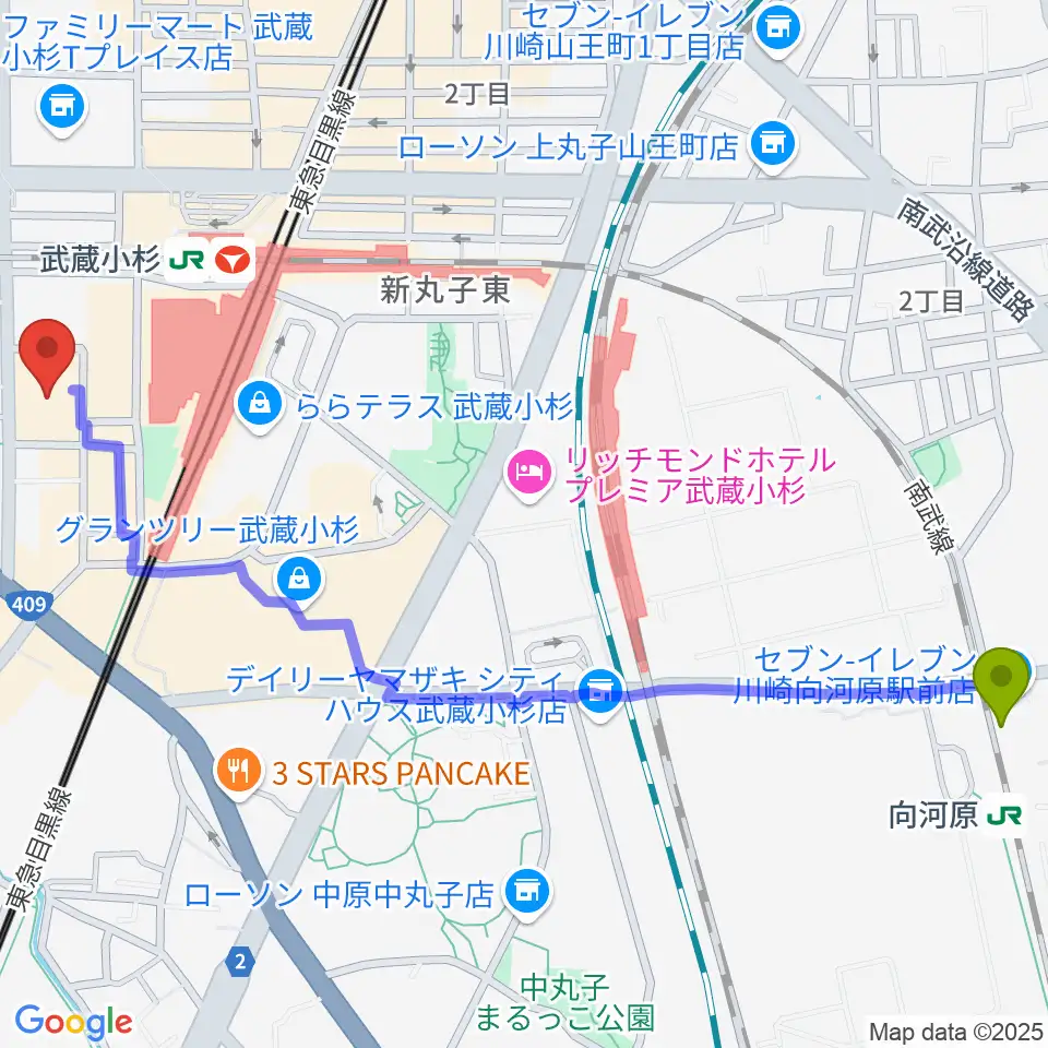 向河原駅からヨークカルチャーセンター小杉へのルートマップ地図