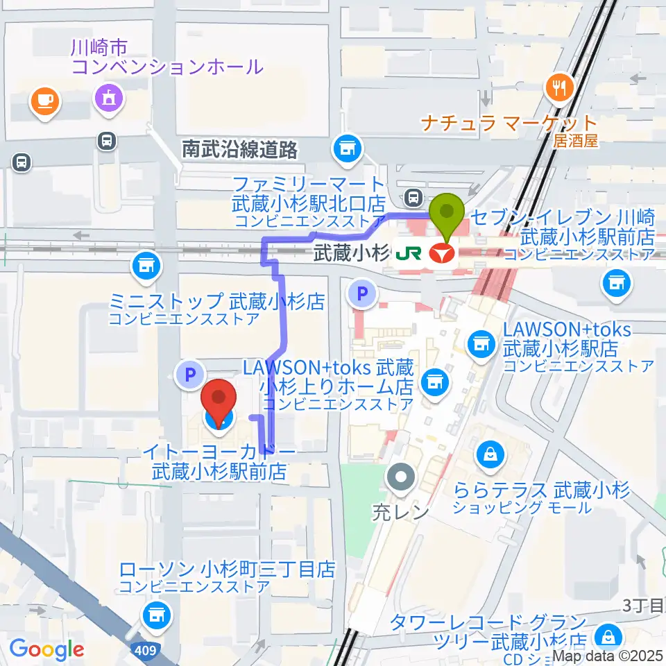 ヨークカルチャーセンター小杉の最寄駅武蔵小杉駅からの徒歩ルート（約3分）地図