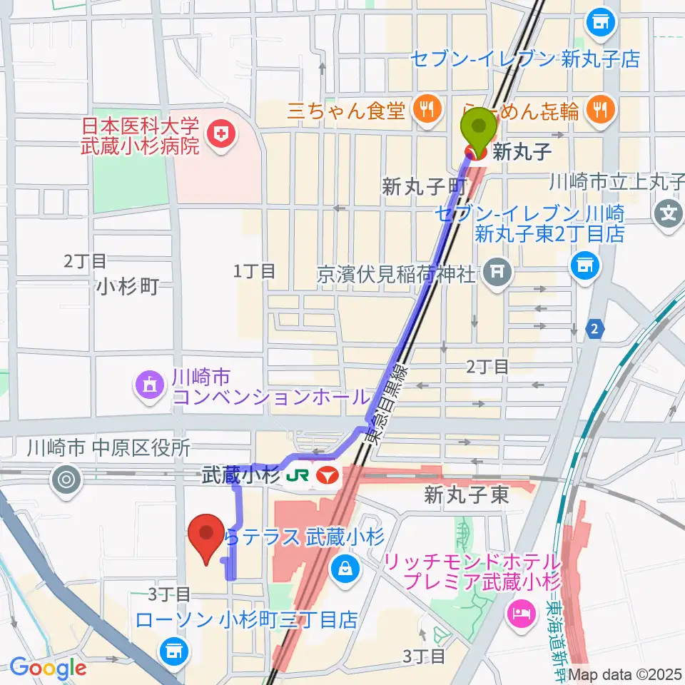 新丸子駅からヨークカルチャーセンター小杉へのルートマップ地図