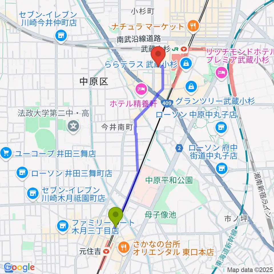 元住吉駅からヨークカルチャーセンター小杉へのルートマップ地図