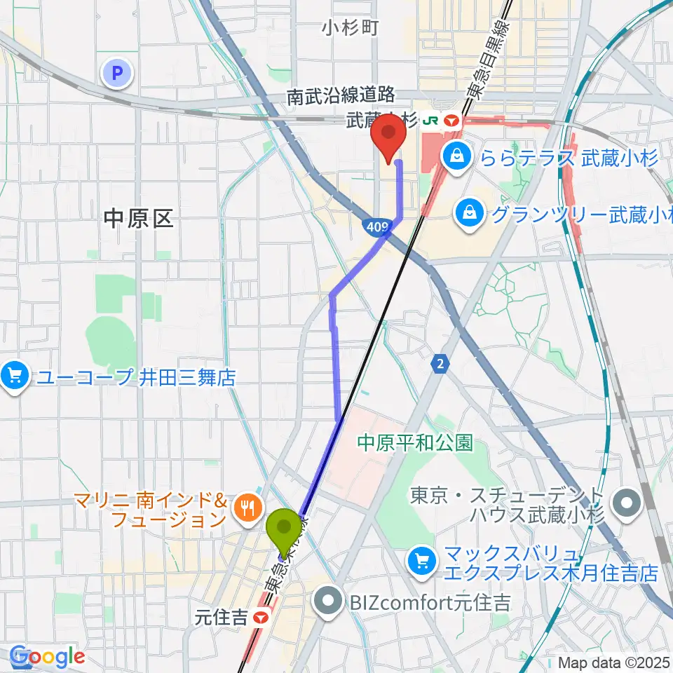 元住吉駅からヨークカルチャーセンター小杉へのルートマップ地図
