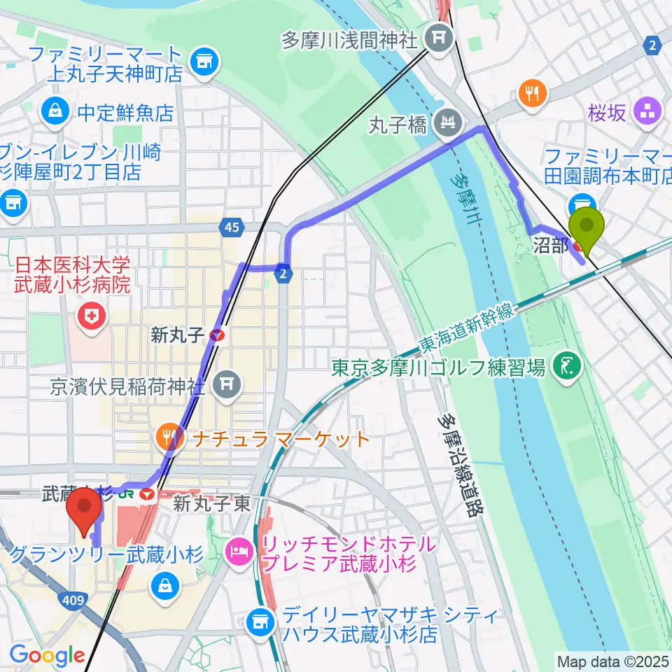 沼部駅からヨークカルチャーセンター小杉へのルートマップ地図