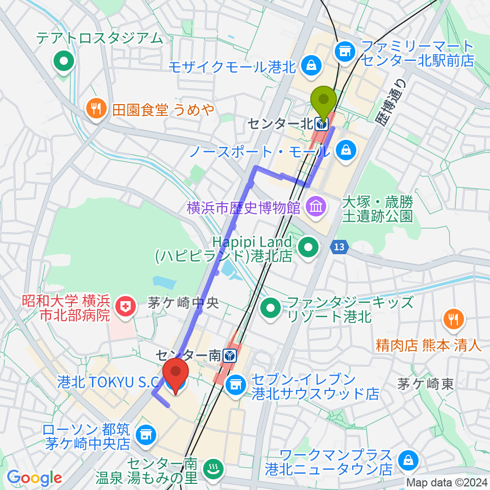 センター北駅から港北カルチャーセンターへのルートマップ地図