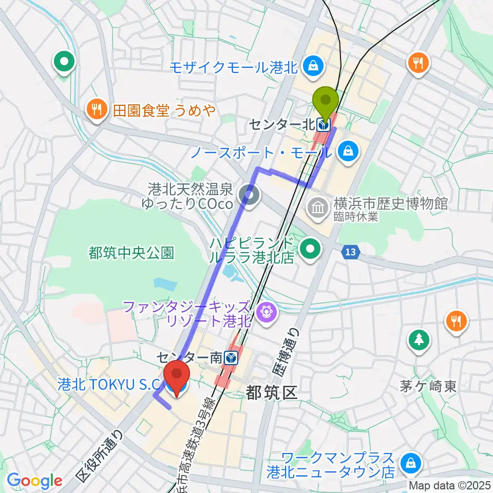 センター北駅から港北カルチャーセンターへのルートマップ地図