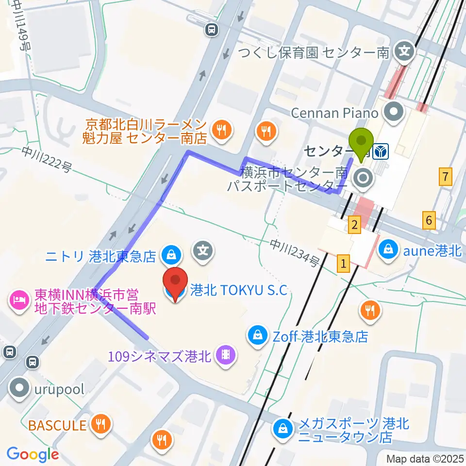 港北カルチャーセンターの最寄駅センター南駅からの徒歩ルート（約4分）地図