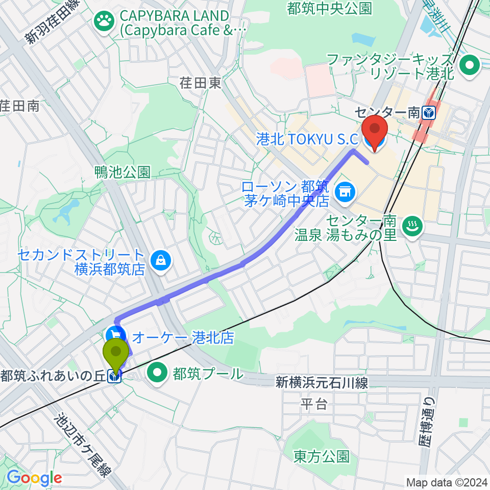 都筑ふれあいの丘駅から港北カルチャーセンターへのルートマップ地図