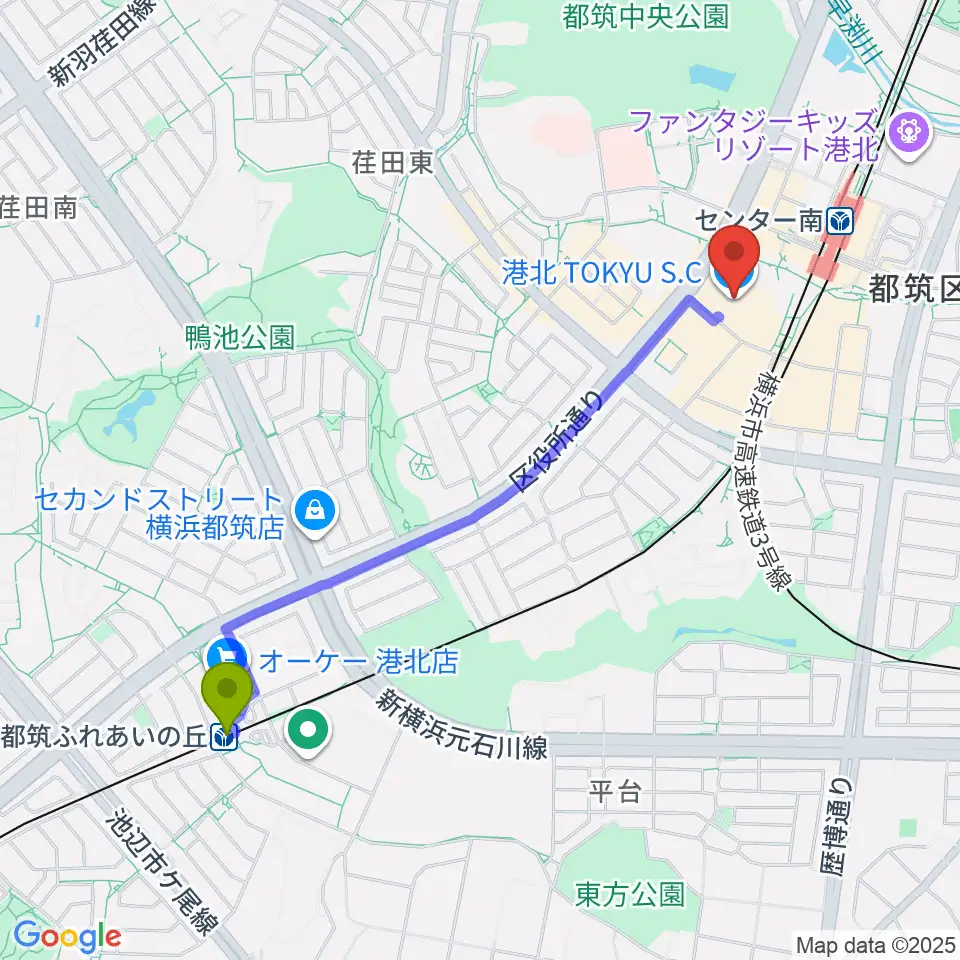 都筑ふれあいの丘駅から港北カルチャーセンターへのルートマップ地図
