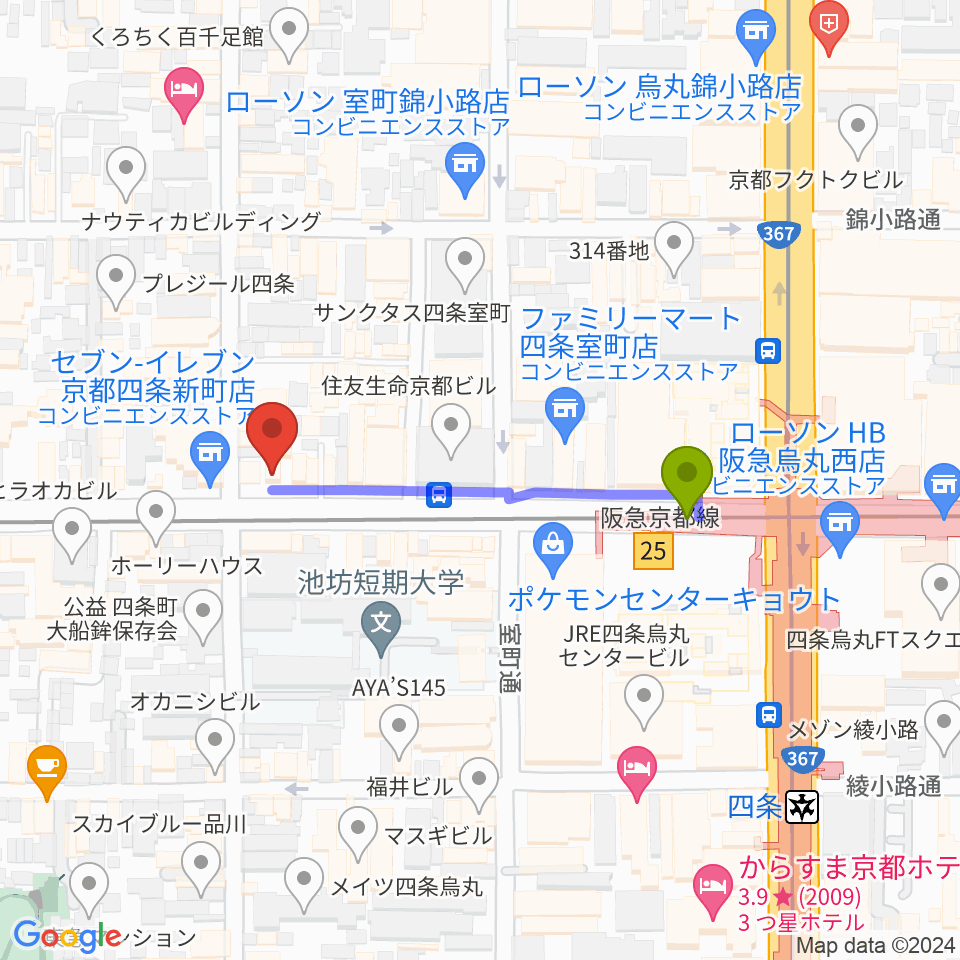 京都MOJOの最寄駅烏丸駅からの徒歩ルート（約3分）地図