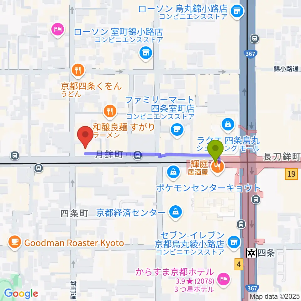 京都MOJOの最寄駅烏丸駅からの徒歩ルート（約3分）地図