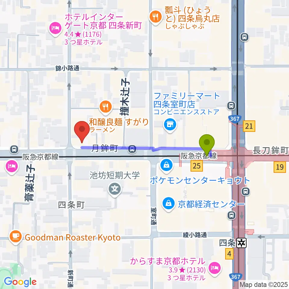 京都MOJOの最寄駅烏丸駅からの徒歩ルート（約3分）地図