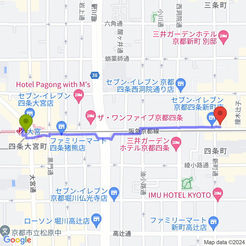 大宮駅から京都MOJOへのルートマップ地図