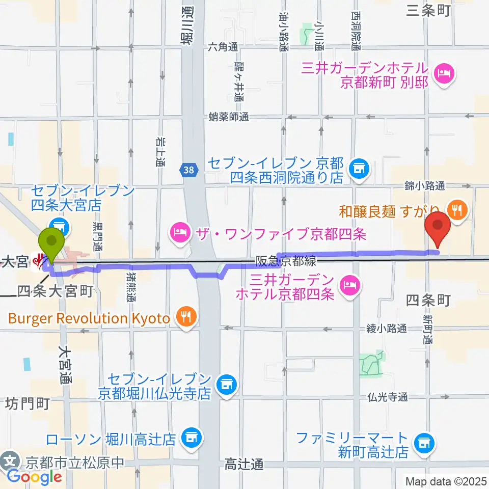 大宮駅から京都MOJOへのルートマップ地図