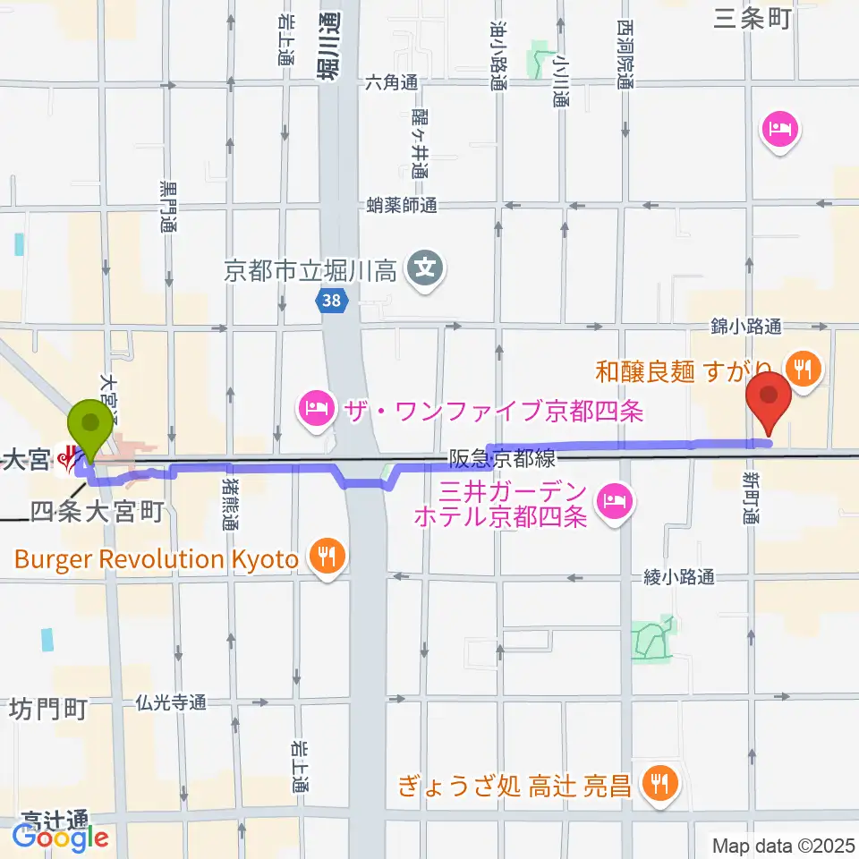 大宮駅から京都MOJOへのルートマップ地図