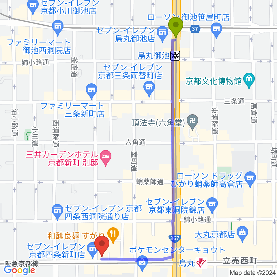 烏丸御池駅から京都MOJOへのルートマップ地図