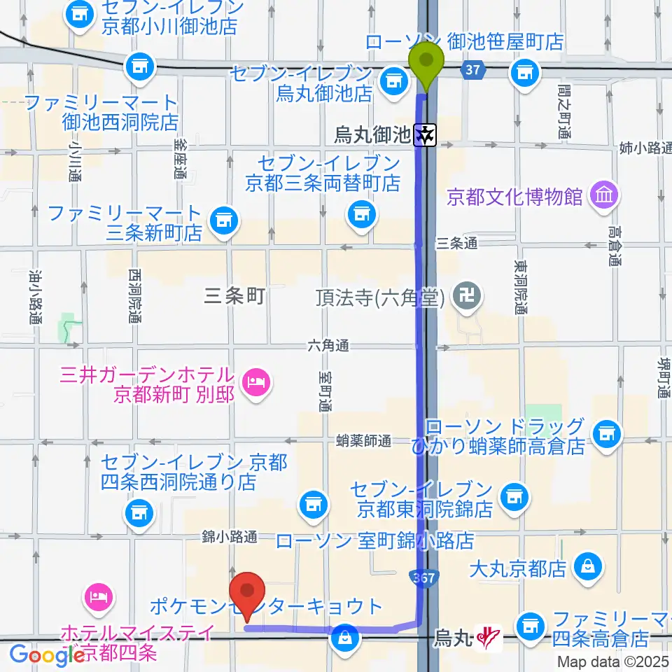 烏丸御池駅から京都MOJOへのルートマップ地図