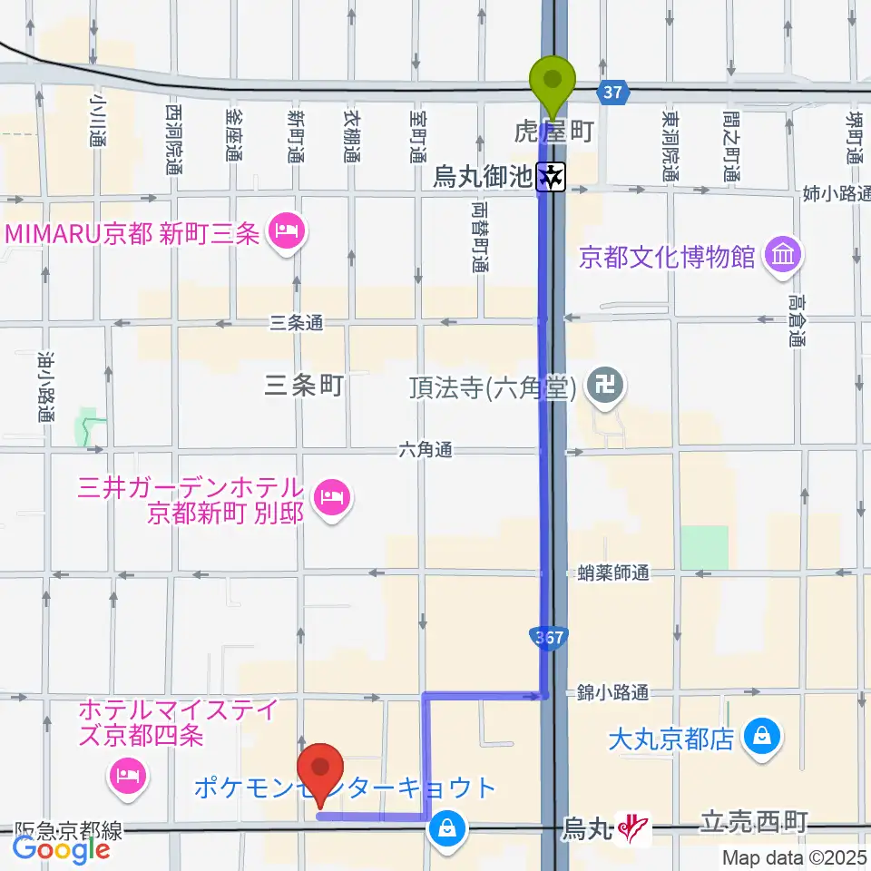 烏丸御池駅から京都MOJOへのルートマップ地図