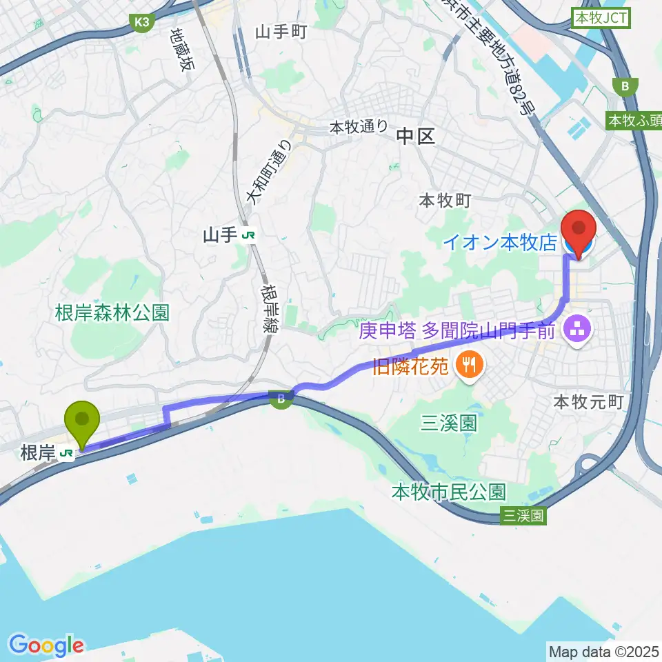 根岸駅からカルチャーセンター本牧へのルートマップ地図
