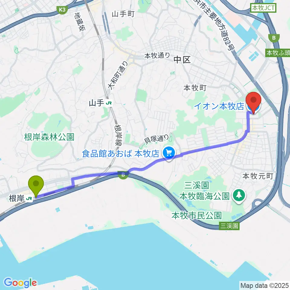 根岸駅からカルチャーセンター本牧へのルートマップ地図