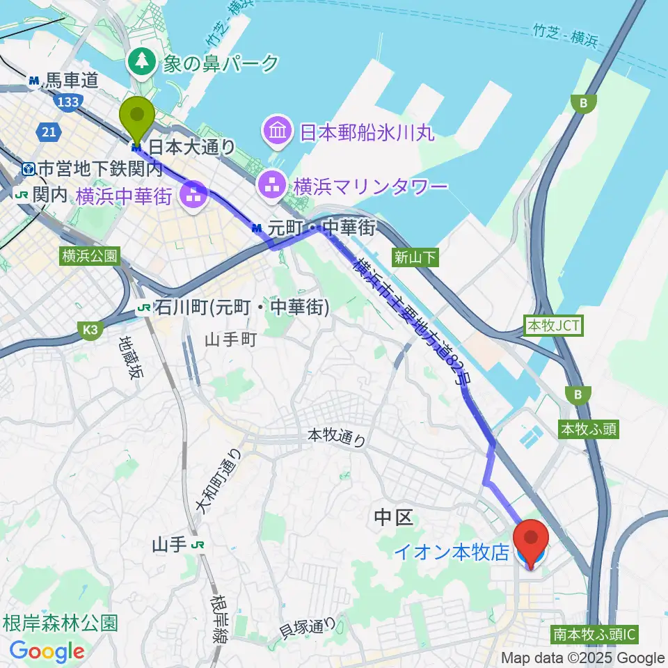 日本大通り駅からカルチャーセンター本牧へのルートマップ地図