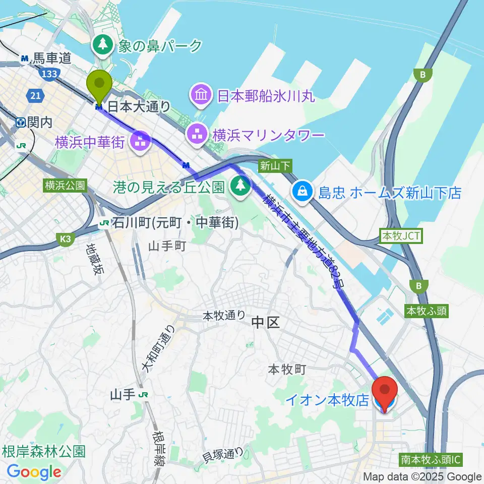 日本大通り駅からカルチャーセンター本牧へのルートマップ地図