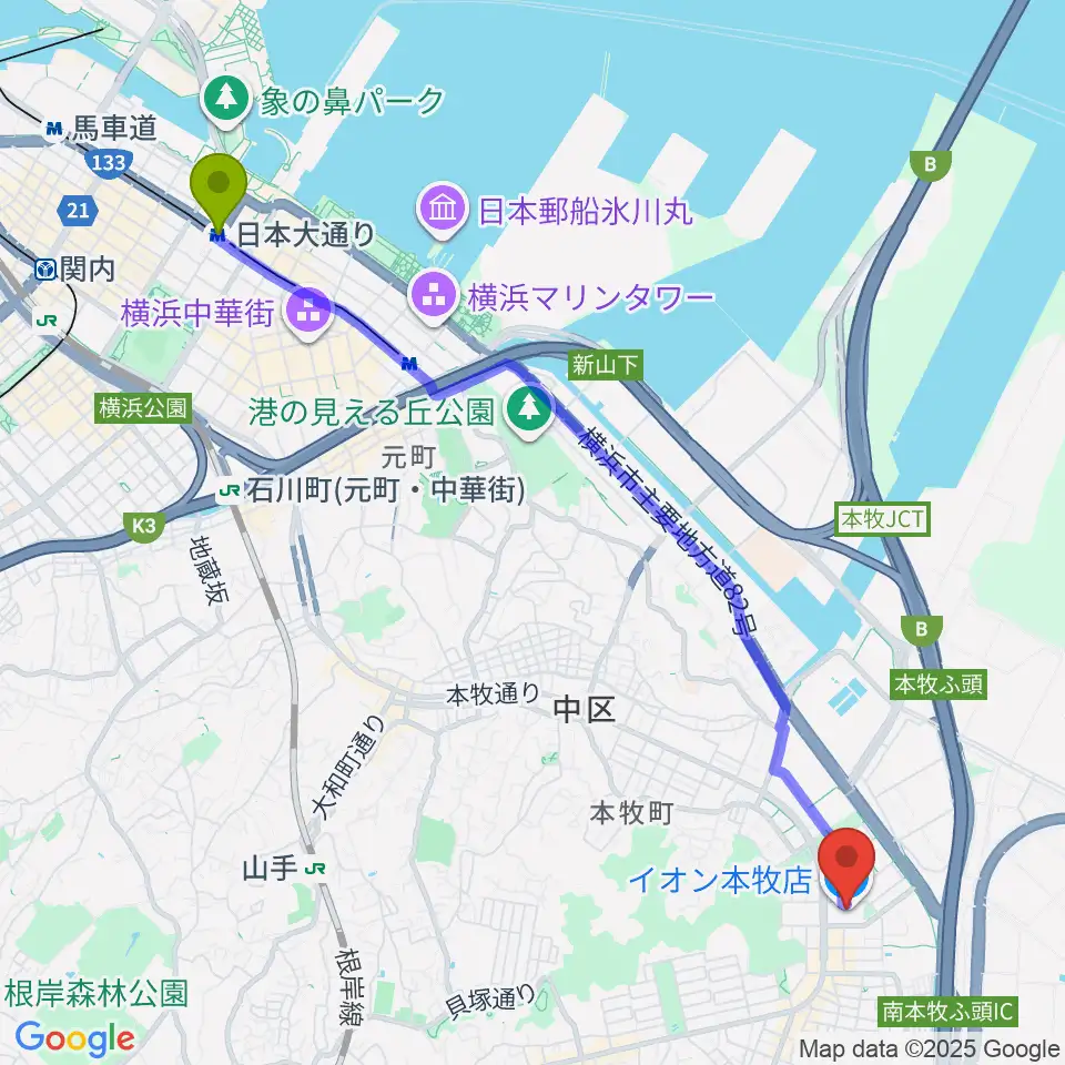 日本大通り駅からカルチャーセンター本牧へのルートマップ地図