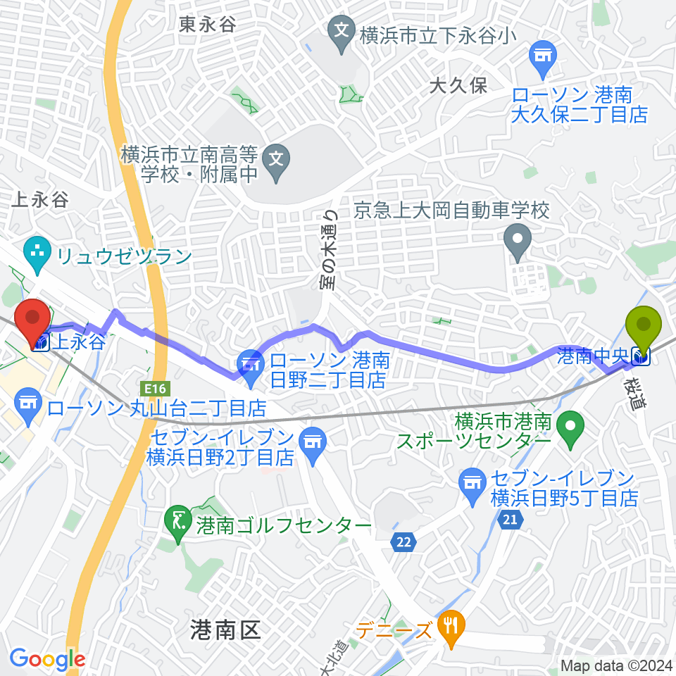 港南中央駅からヨークカルチャーセンター上永谷へのルートマップ地図