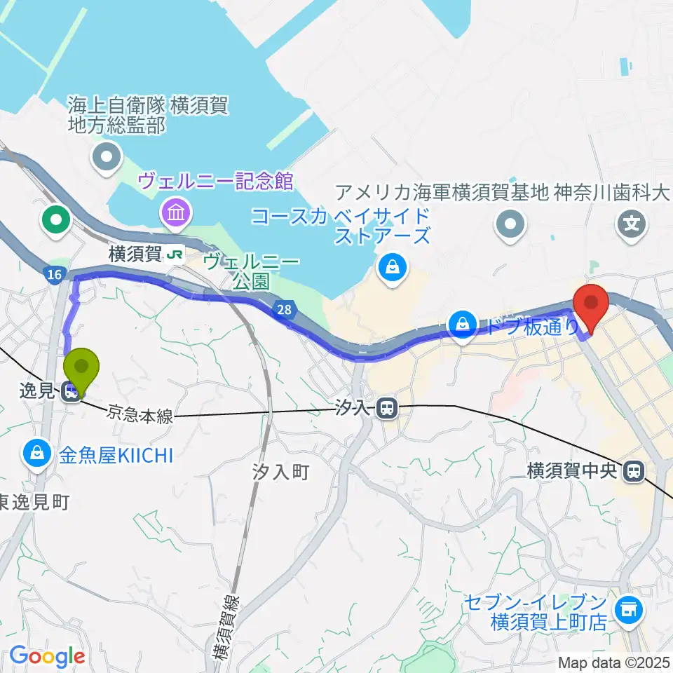 逸見駅からカルチャーセンターさいか屋横須賀へのルートマップ地図