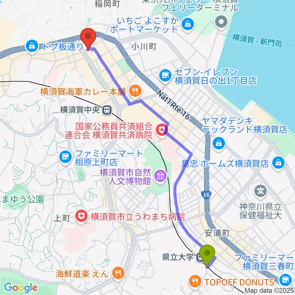 県立大学駅からカルチャーセンターさいか屋横須賀へのルートマップ地図