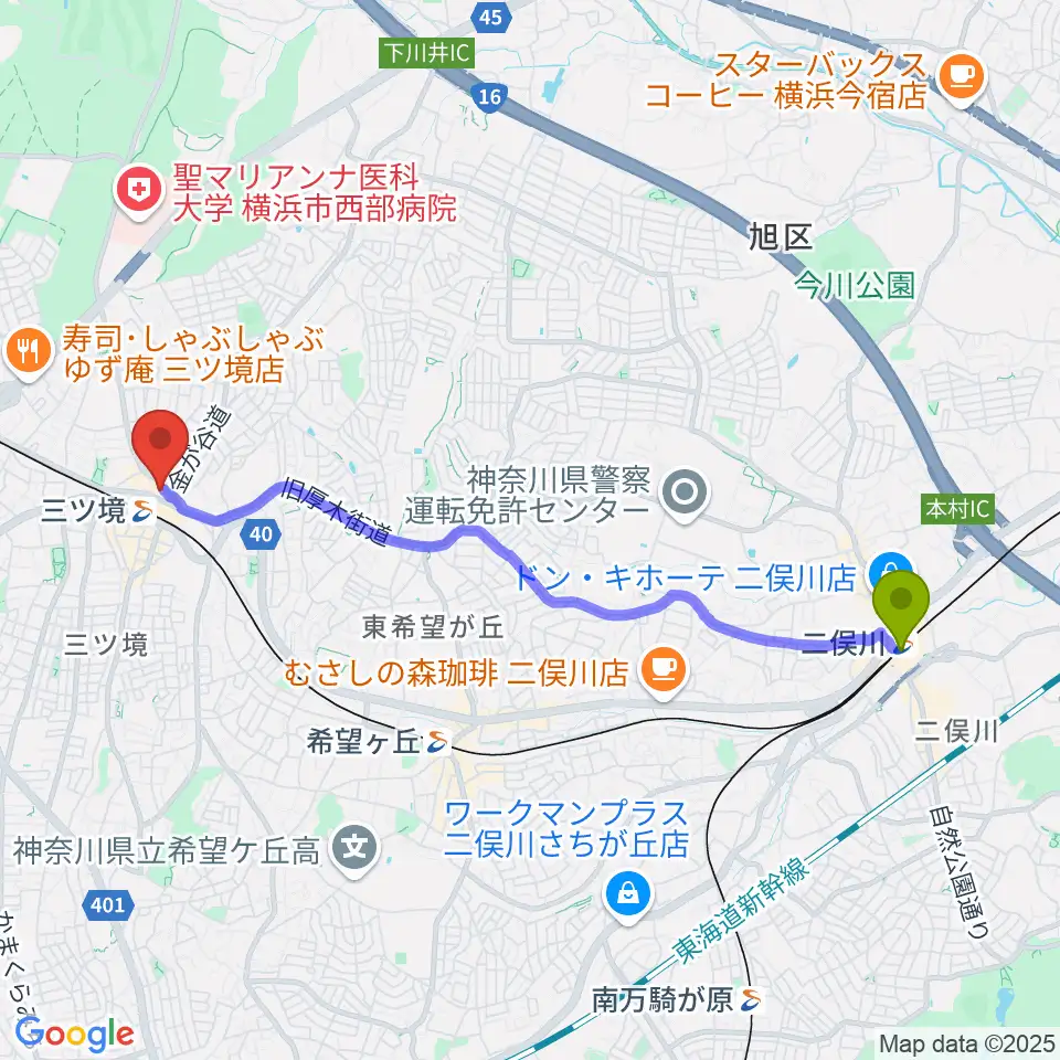 二俣川駅から三ツ境カルチャーセンターへのルートマップ地図