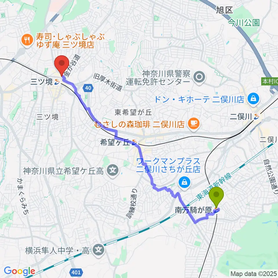 南万騎が原駅から三ツ境カルチャーセンターへのルートマップ地図