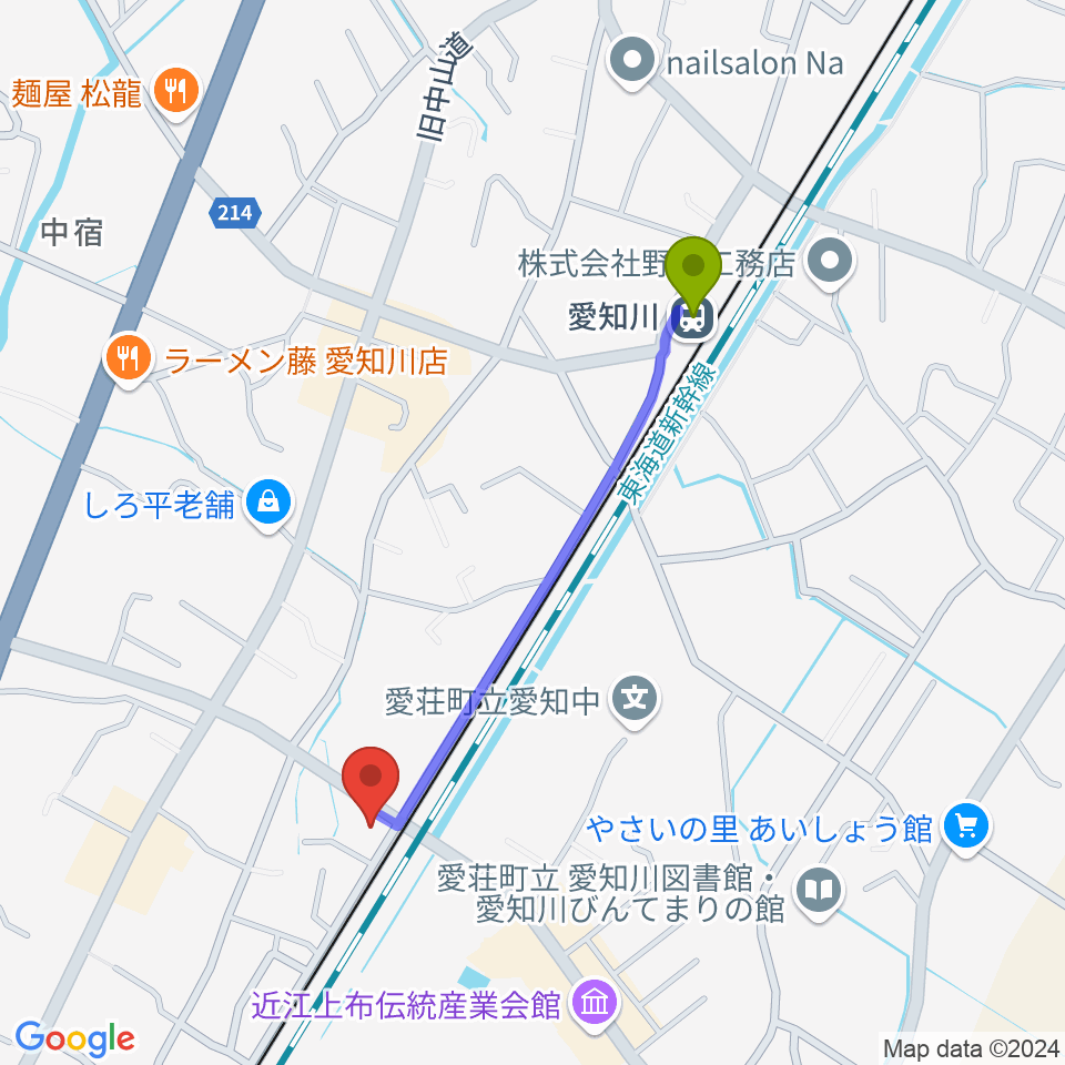 塚本楽器 愛知川店スタジオの最寄駅愛知川駅からの徒歩ルート（約9分）地図