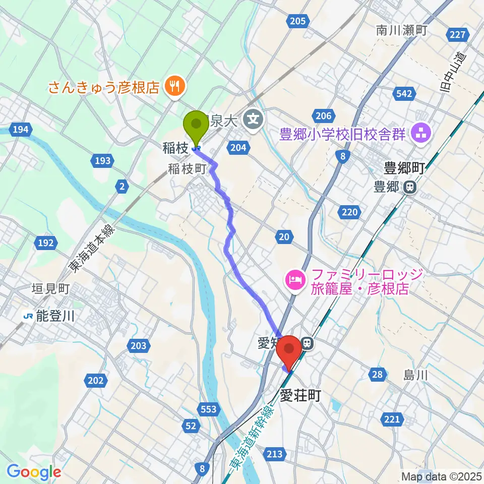 稲枝駅から塚本楽器 愛知川店へのルートマップ地図