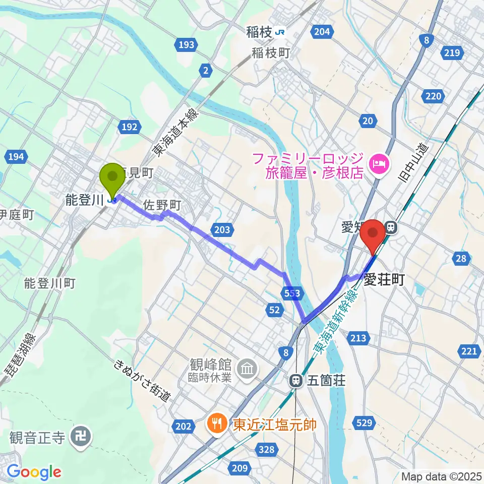 能登川駅から塚本楽器 愛知川店へのルートマップ地図