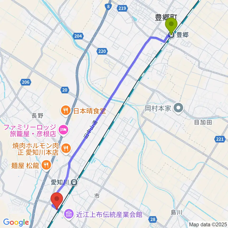 豊郷駅から塚本楽器 愛知川店へのルートマップ地図