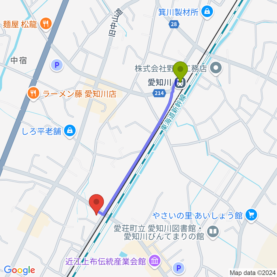 塚本楽器 愛知川店の最寄駅愛知川駅からの徒歩ルート（約9分）地図