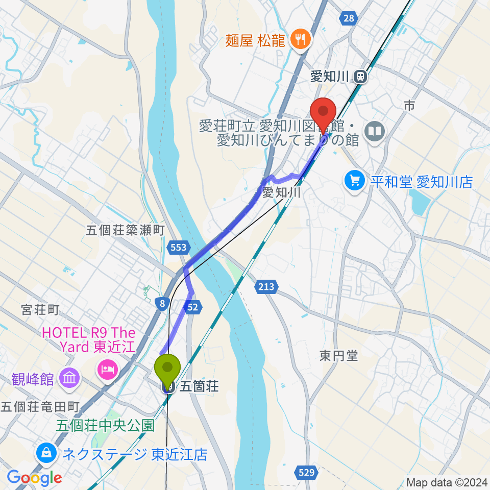 五箇荘駅から塚本楽器 愛知川店へのルートマップ地図