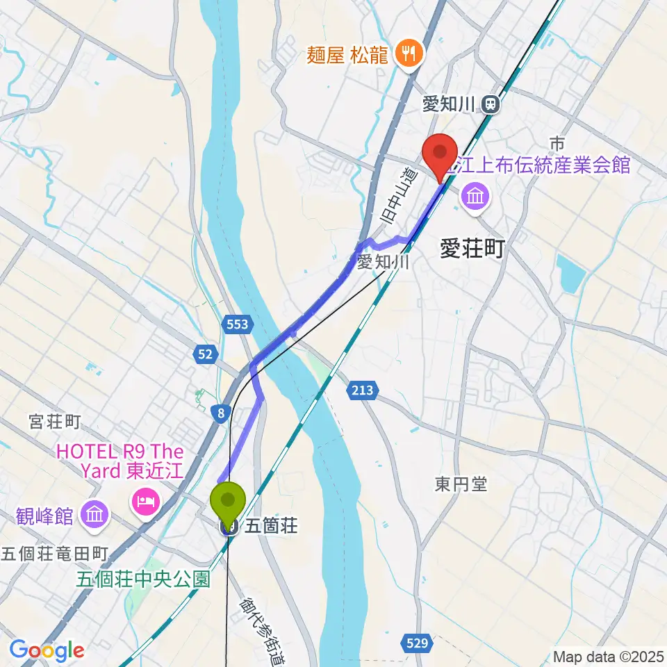 五箇荘駅から塚本楽器 愛知川店へのルートマップ地図