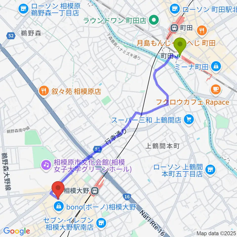 町田駅から相模大野カルチャーセンターへのルートマップ地図