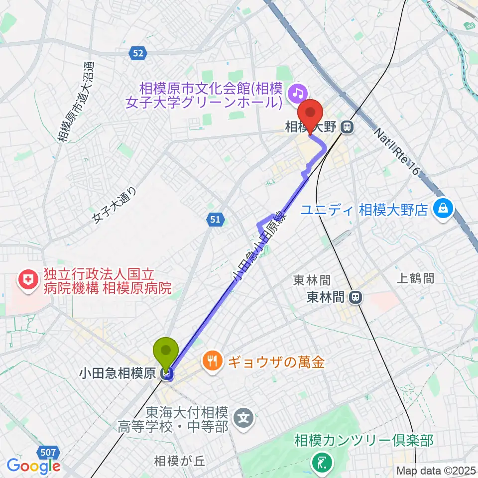 小田急相模原駅から相模大野カルチャーセンターへのルートマップ地図