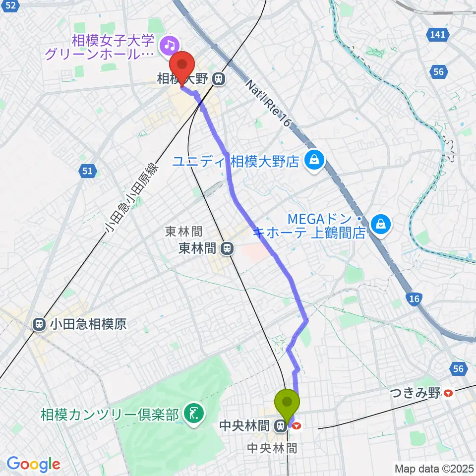 中央林間駅から相模大野カルチャーセンターへのルートマップ地図