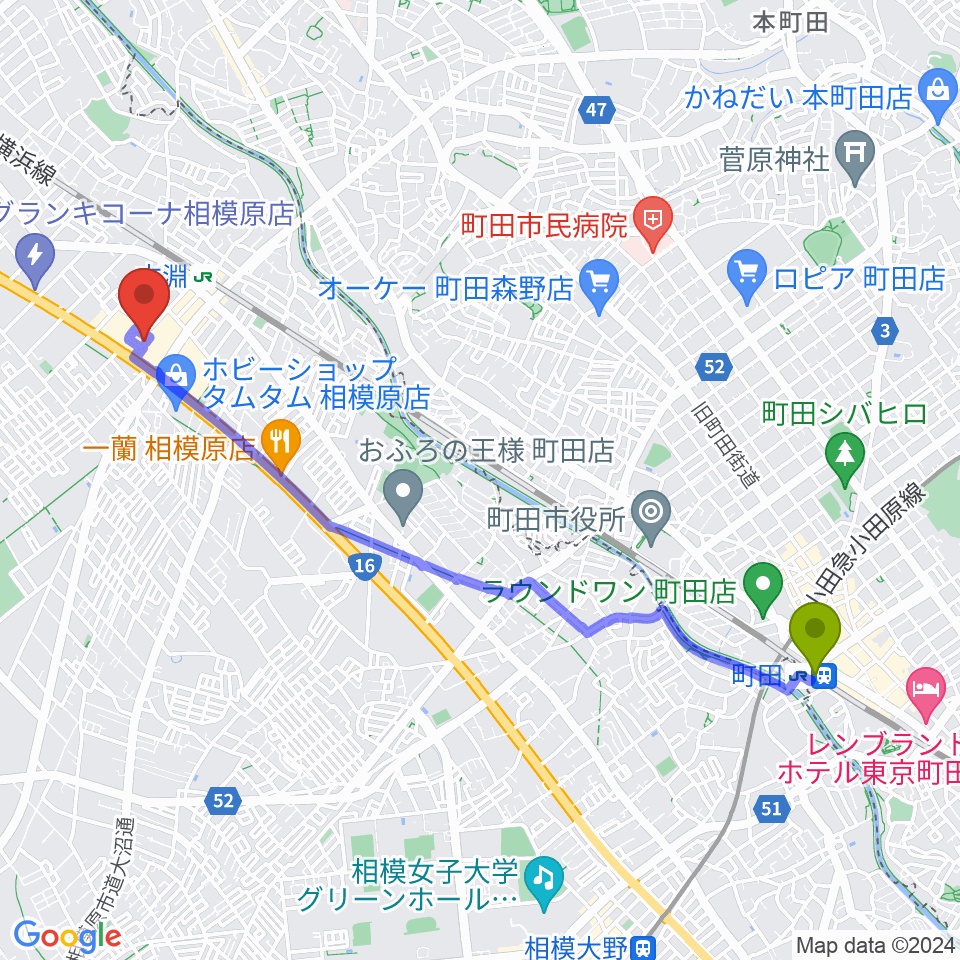 町田駅から相模原カルチャーセンター古淵店へのルートマップ地図