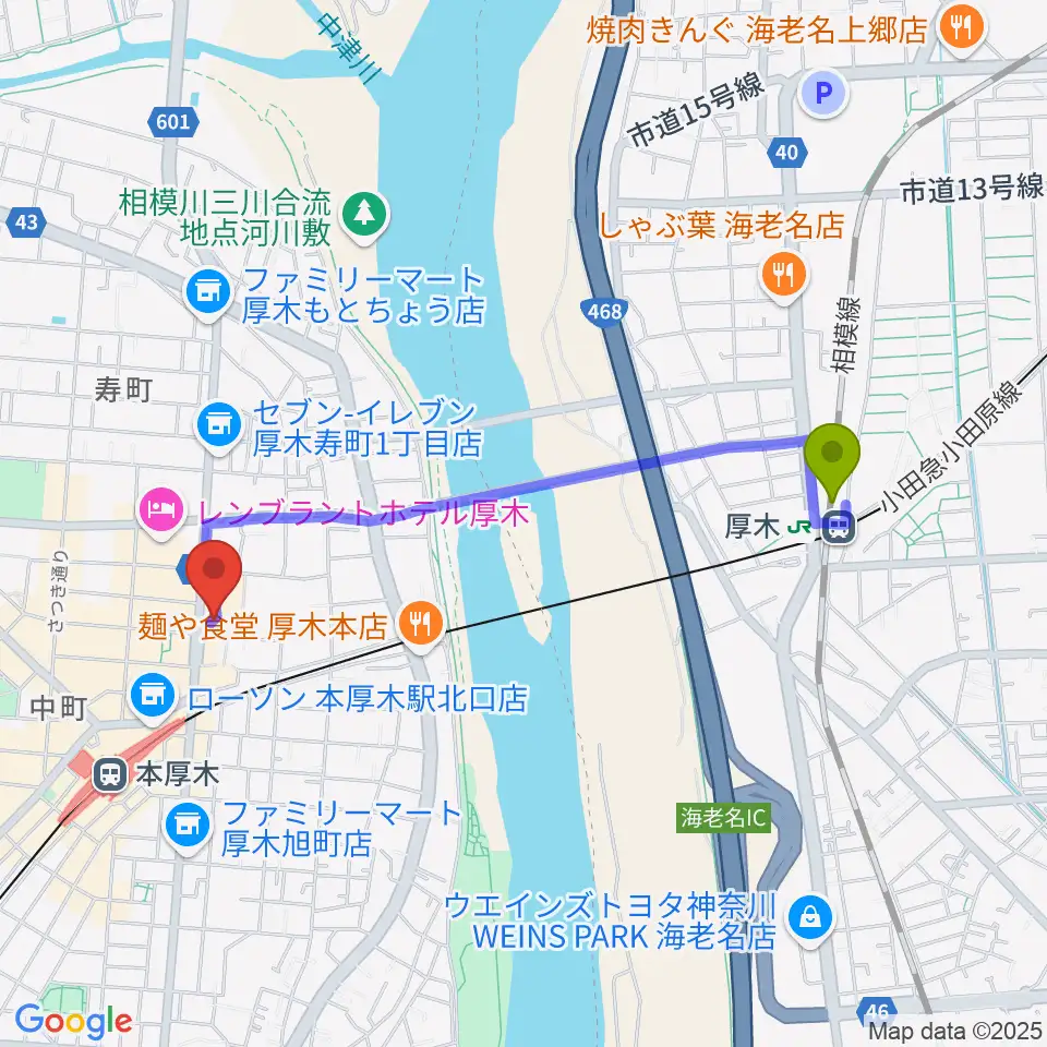 厚木駅から厚木カルチャーセンターへのルートマップ地図