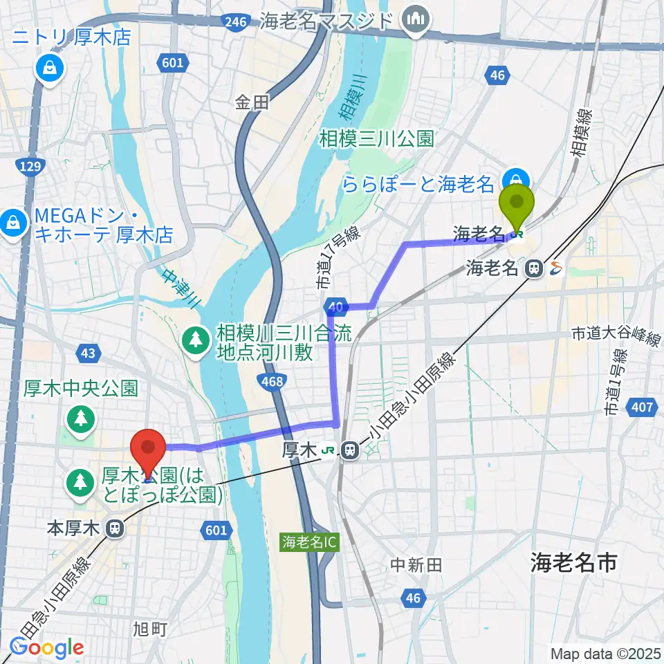 海老名駅から厚木カルチャーセンターへのルートマップ地図