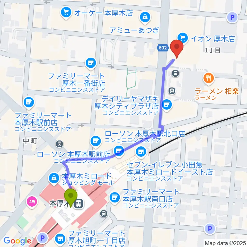 厚木カルチャーセンターの最寄駅本厚木駅からの徒歩ルート（約6分）地図